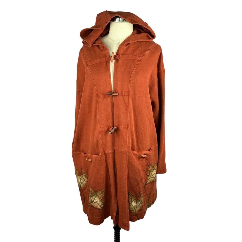 BLUE FISH Bracken Jacket Size‎ 1 Rust Red Hand Painted Leaves Wooden Toggle